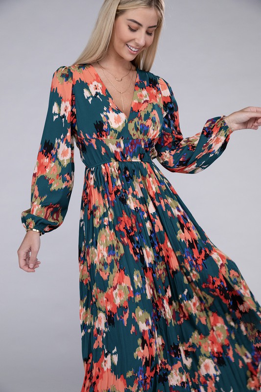 Floral Satin Pleated Maxi Dress - Jake J Shop